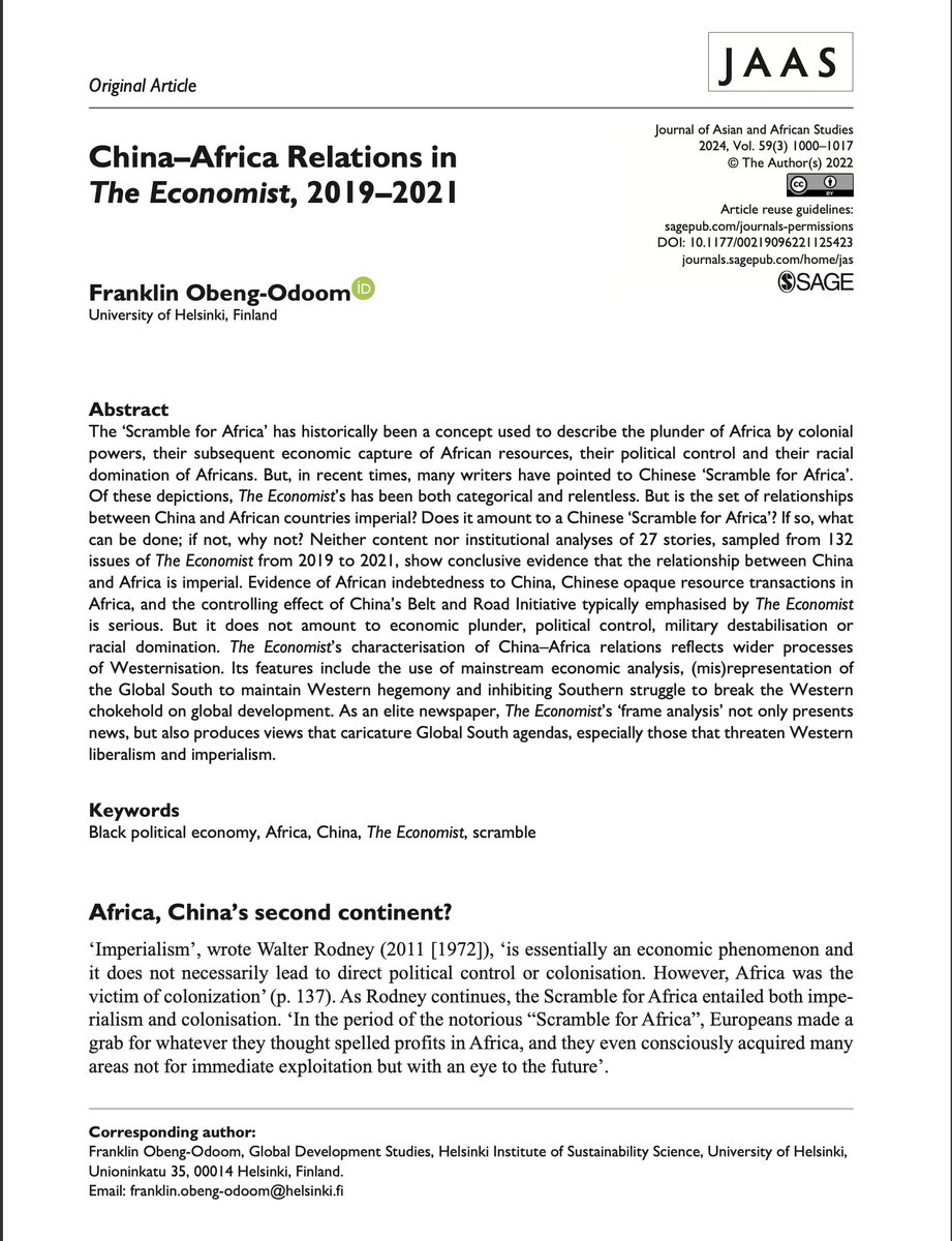 1/4 
Çin-Afrika ilişkileri üzerine The Economist'de 2019-2021 arasında yayımlanan 132 sayıdan örneklenen 27 haber analizinin bulguları:

-Haberlerin içeriği ve kurumsal analizi, Çin-Afrika ilişkisinin emperyalist olduğuna dair kesin kanıtlar göstermiyor.