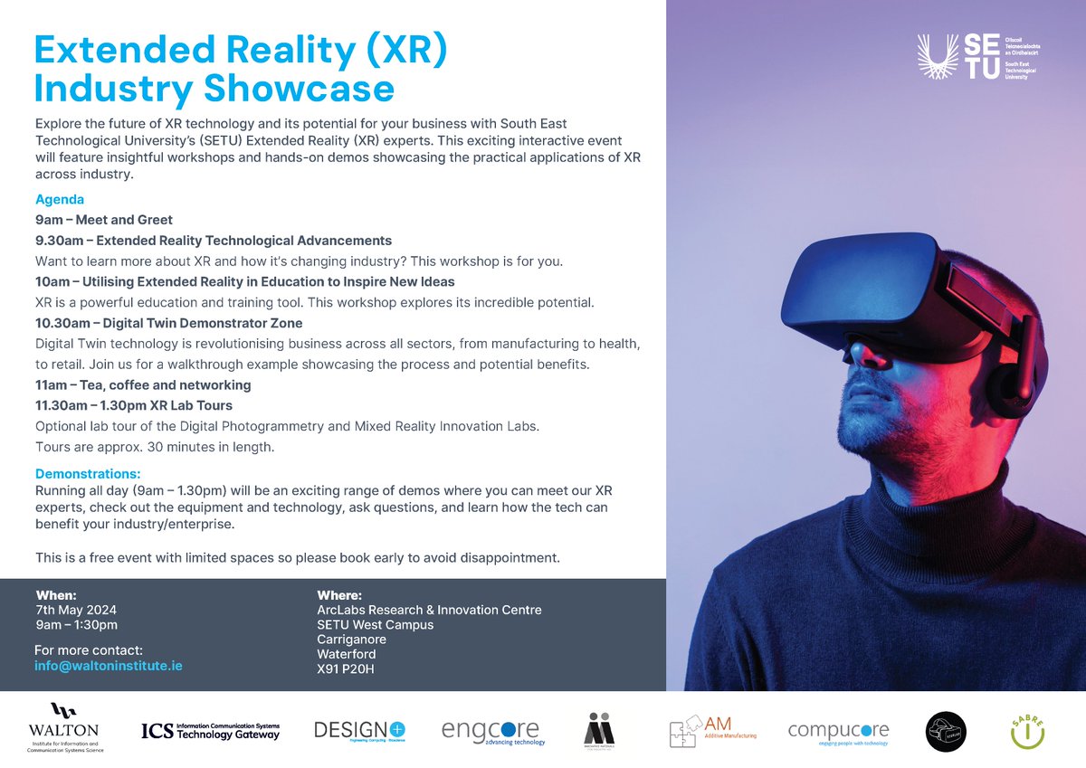🙌Check out the full line-up⬇ @SETUIreland has created the ultimate Extended Reality (#XR) Industry Showcase to offer businesses the opportunity learn about the potential of this exciting technology. 🎟️Tickets are free but limited. Register HERE: eventbrite.ie/e/setu-xr-indu….