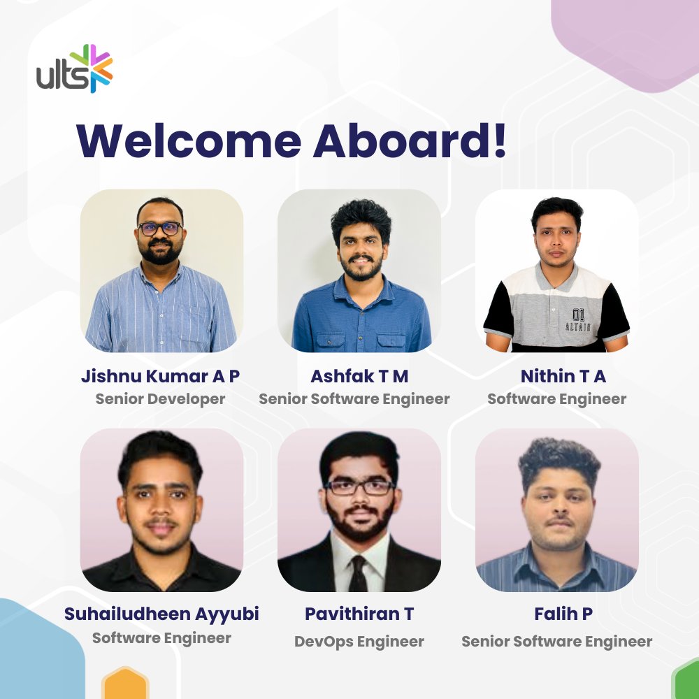 Welcoming Jishnu Kumar A P, Ashfak T M, Nithin T A, Suhailudheen Ayyubi, Pavithiran T, and Falih P to ULTS. We're excited to have them with us and look forward to achieving great things together. #Welcomeaboard, and here's to a wonderful and fulfilling journey at #ULTS!

#ULites