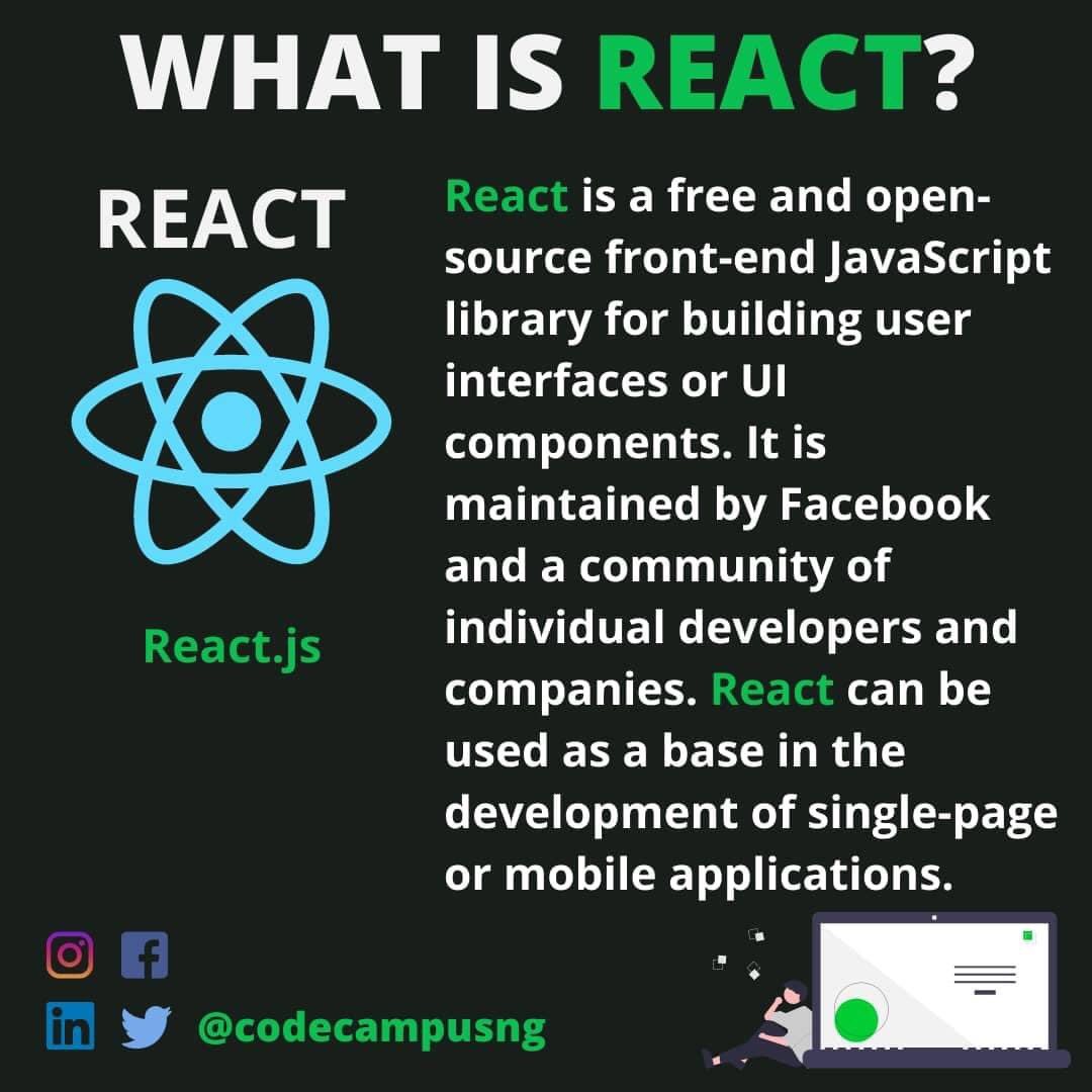 Want to learn more programming concepts and tips.? 😎
👇👇👇👇👇👇👇👇
Follow @codecampusng for more info 
What is React?
—————
Begin your journey as a Developer today. Click the Link in Bio
———
#vscode #sourcecode #programming #javascript #js #framework #internet #abuja #nigeria