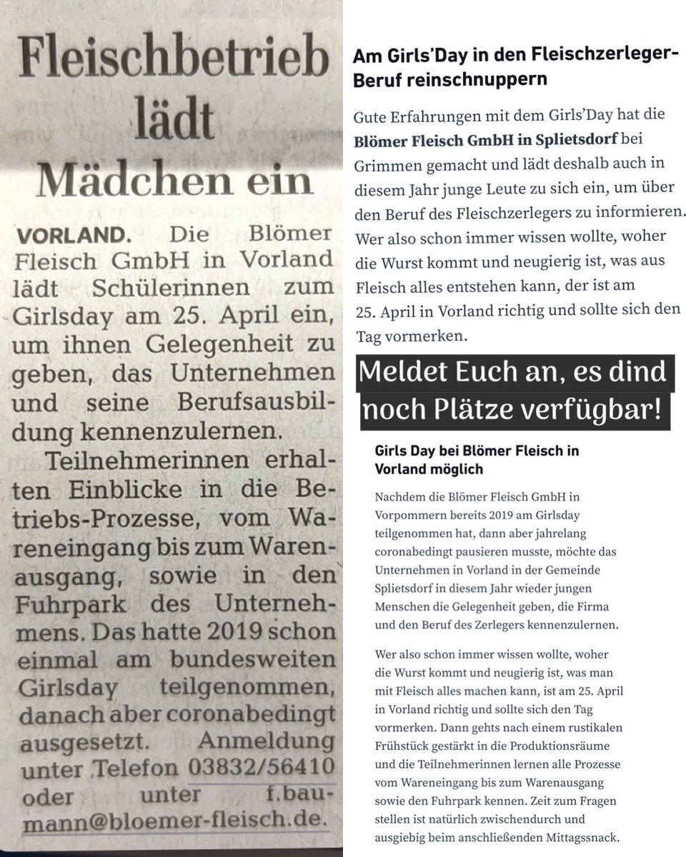 Noch 8 Tage bis zum #Girlsday2024 
Wir haben noch freie Kapazitäten, meldet Euch gerne an. 

#Fleischwirtschaft #MV #Zerlegebetrieb #Vorpommern 👇

girls-day.de/.oO/Show/bloem…