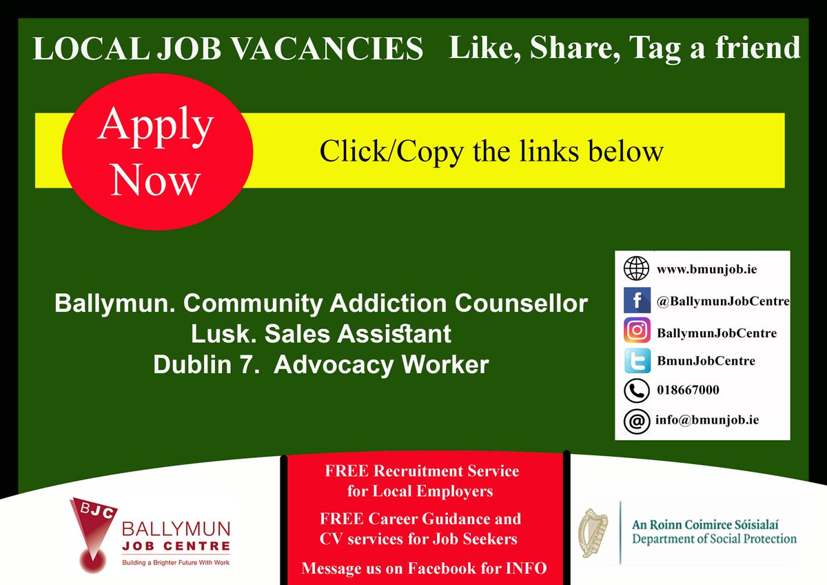 👉 Visit us at: Bmunjob.ie Vacancies #bmunjob #jobfairy #dublinjobS Ballymun. Community Addiction Counsellor is.gd/i6z5X9 Lusk. Sales Assistant applegreen-stores.rezoomo.com/job/64225/ Dublin 7. Advocacy Worker is.gd/mioLZE