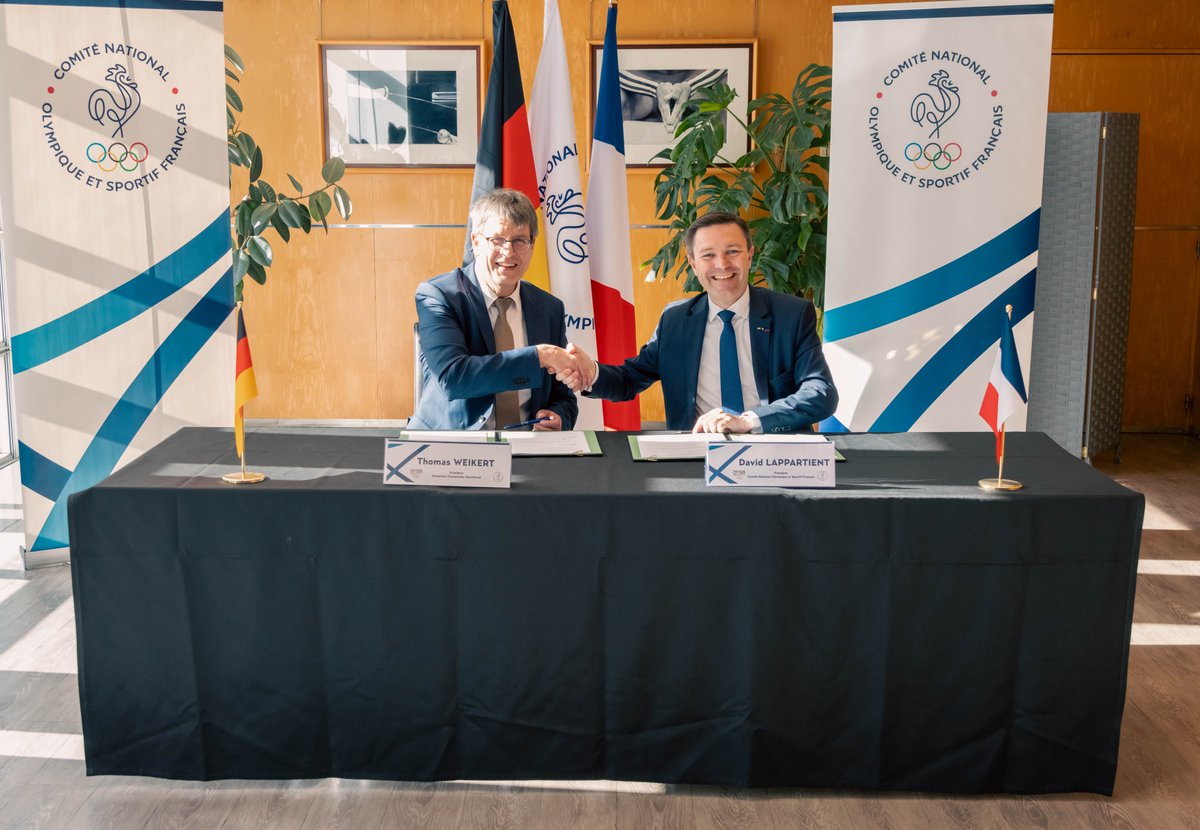 [#International]
Aujourd'hui, le président du #CNOSF, David Lappartient, et le président du @DOSB, Thomas WEIKERT, ont signé le renouvellement de l'accord de coopération, renforçant nos liens d'amitié. Il témoigne d'un engagement commun et durable en faveur des valeurs sportives.…