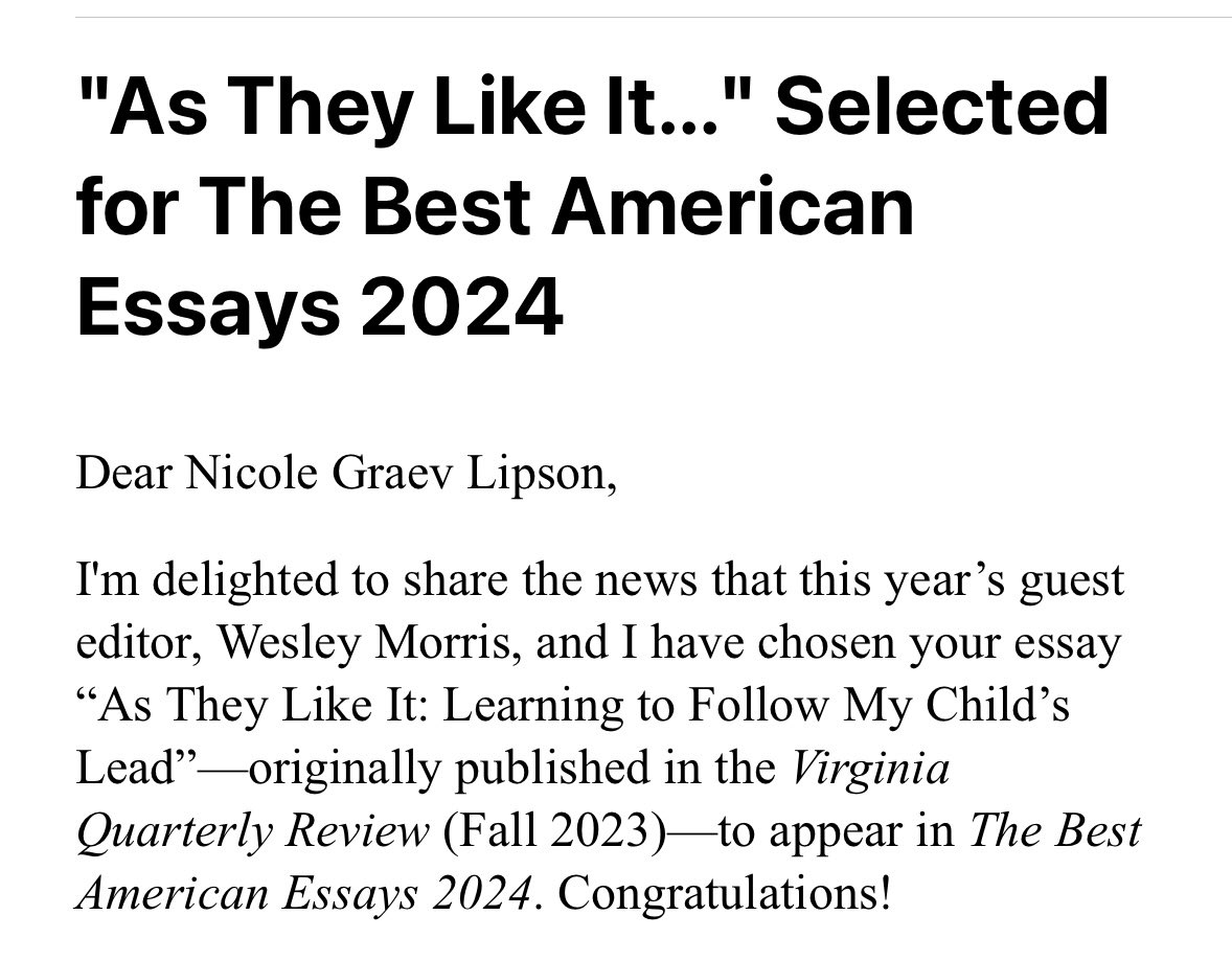 I’ve been opening and reopening this email to make sure it’s real! Grateful to #bestamericanessays, <a href="/VQR/">Virginia Quarterly Review</a>, and above all my firstborn child, the heart and soul of this essay, whom I love more than all the world’s paragraphs could possibly contain.