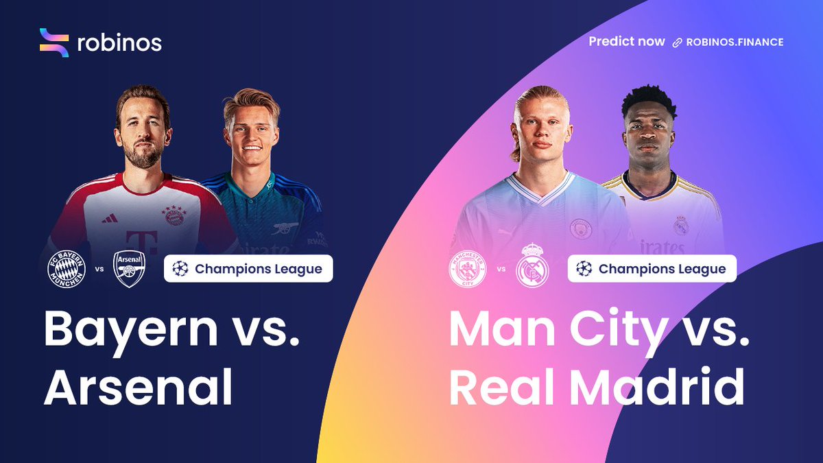 ⚽️Bayern Munich vs. Arsenal: Neuer & Sane return for the decider! Can Bayern seal the deal? Meanwhile, Man City gear up for Real Madrid clash! Share your thoughts by predicting at: robinos.finance/events/versus #BayernMunich #Arsenal #ManchesterCity #RealMadrid #UCL $RBN
