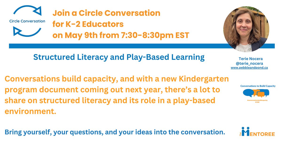 Let's talk: Structured Literacy and Play-Based Learning For K-2 Educators. Join a Circle Conversation led by @terie_nocera, May 9th from 7:30-8:30. This format is about listening and sharing ideas through a small-group conversation. Register for free: bit.ly/MentoreeEventb…