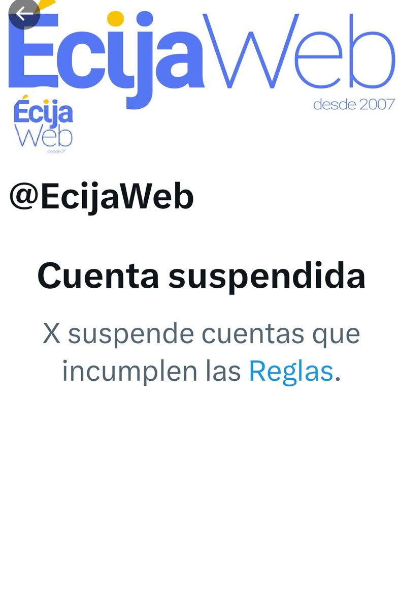 Ecija_Sevilla's tweet photo. Pues no entendemos la suspensión de la cuenta 
@EcijaWeb tras 15 años informando cada día de lo que sucede en nuestra Ciudad‼️
Aquí se ve que está ni ha sido la única hoy👇
https://t.co/VDPslmpfmE
Esperemos se la solucionen pronto.
Mientras tanto están en @ecijaweb_com https://t.co/Z3UJPYbByu