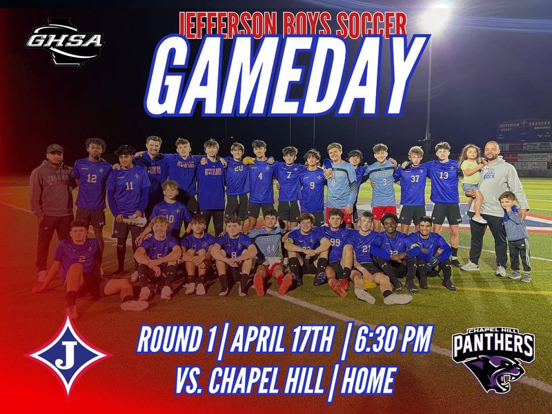 BOYS VARSITY GAMEDAY! 1st Round of 5A GHSA State Playoffs ⏰ 6:30pm 📍 Jefferson Memorial TURF 🆚 Chapel Hill HS Go Dragons!
