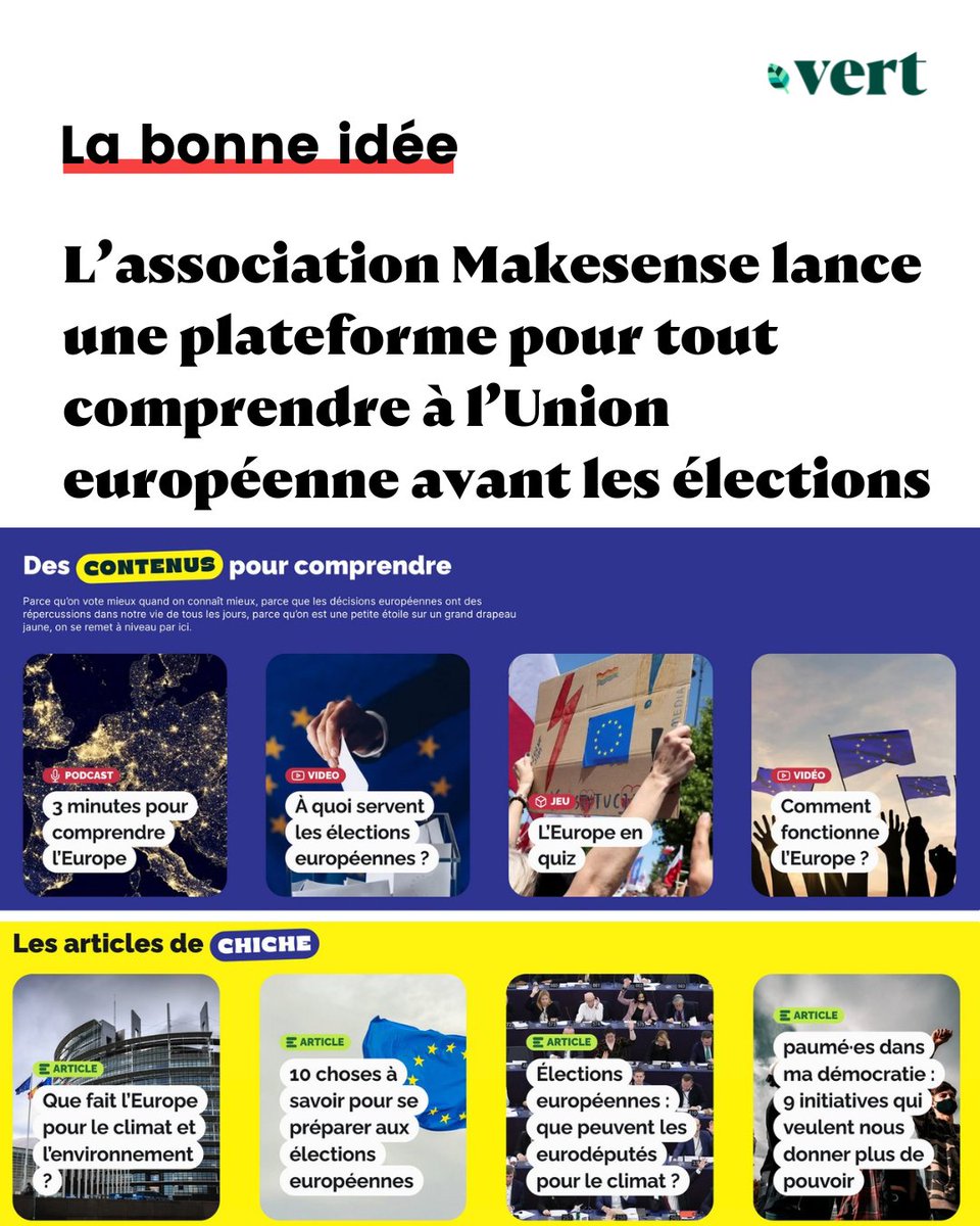 À quoi sert le Parlement européen ? Que peut l’Europe face à la crise climatique ? @makesense, en partenariat avec Vert et @RACFrance, lance 'Paumé·es dans mon Europe', une plateforme pour tout saisir à l’Union européenne avant les élections du 9 juin👇 vert.eco/articles/paume…