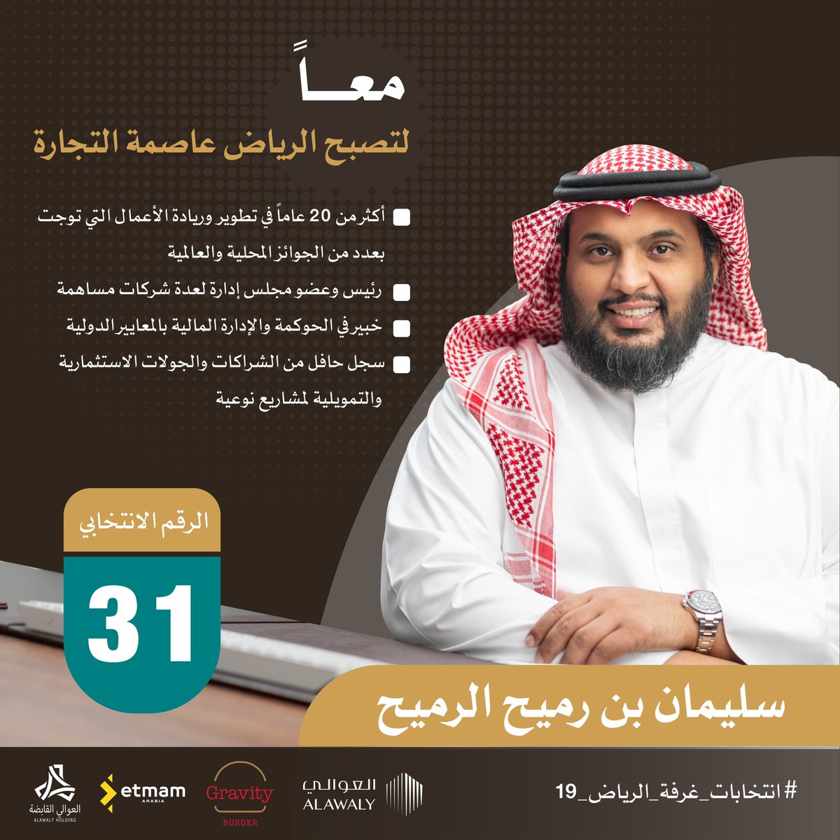 SRUMAIH_'s tweet photo. بسم الله وعلى بركة الله

أعلن ترشحي لـ

#انتخابات_غرفة_الرياض_19  

أسأل المولى أن يوفقني  لخدمة وطني ودعم زملائي لتطوير أعمالنا برؤية قادتنا ، وأن تكون تجارتنا محط اهتمام العالم ، لتصبح #الرياض_عاصمة_التجارة

#سليمان_الرميح

الرقم الإنتخابي 31 https://t.co/Bnt5NcDnAd