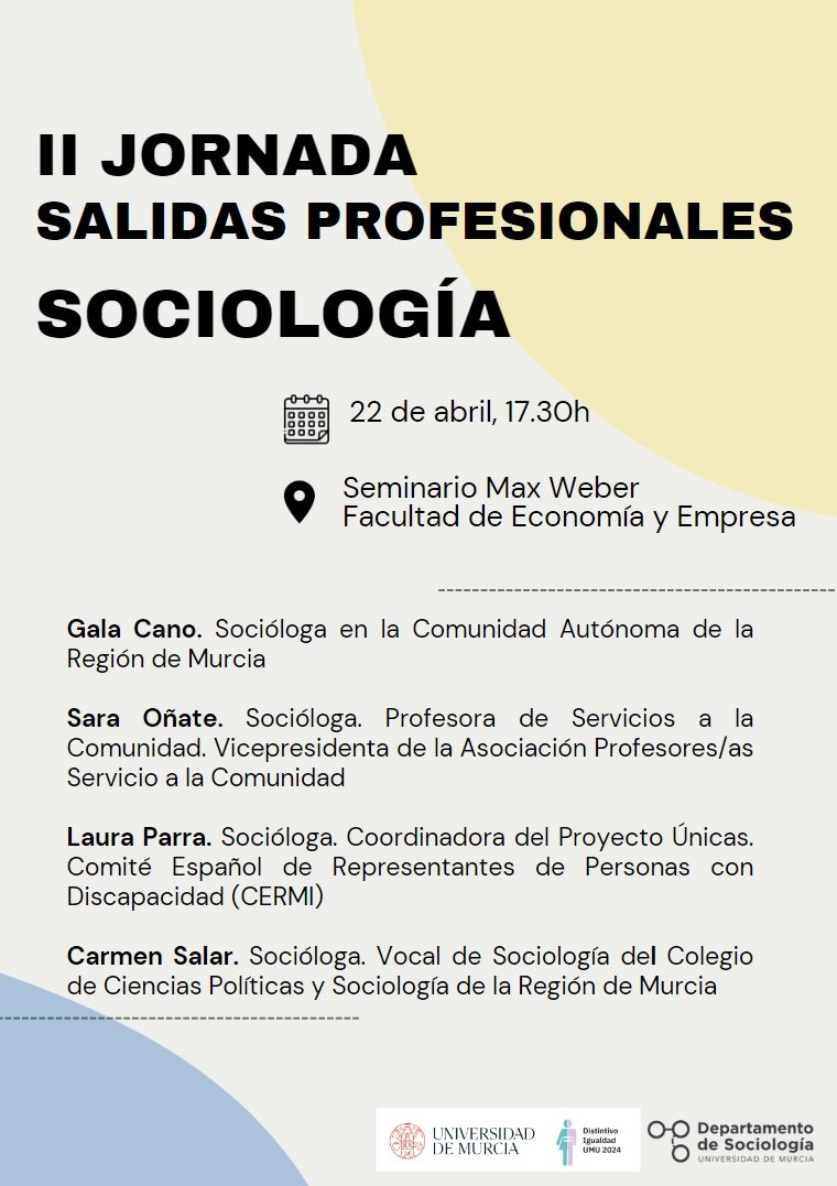 ❗️📝 Este próximo 22 de abril, a las 17:30h, en el Seminario Max Weber de la Facultad de Economía y Empresa (@economicasumu) se celebran las II Jornadas de salidas profesionales del Grado de Sociología. 

Abierto a todxs los estudiantes del grado!!