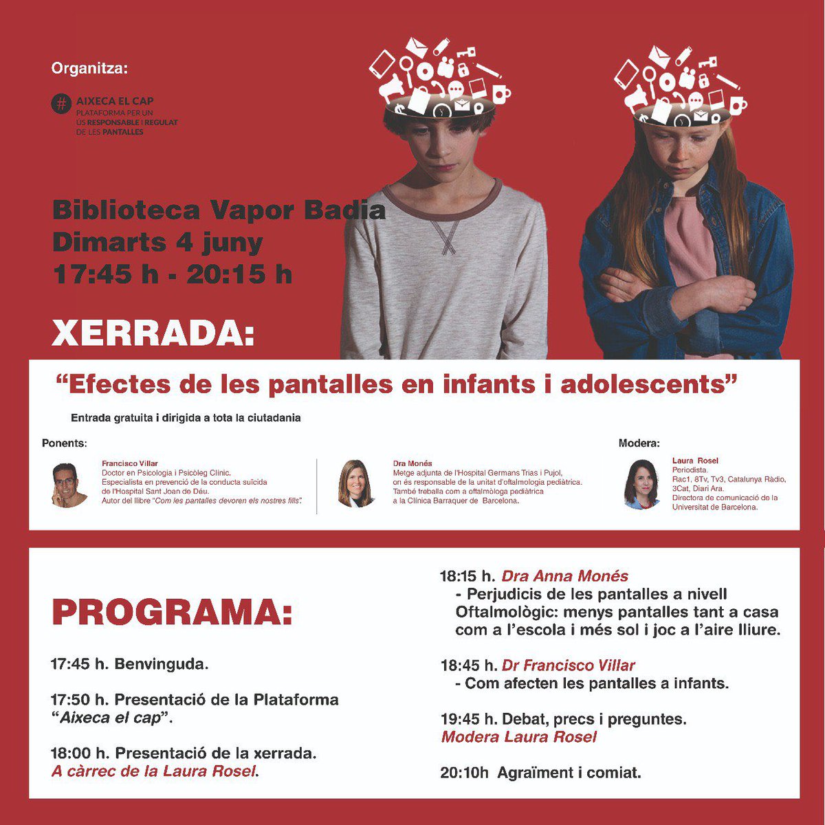 Aixeca_el_cap's tweet photo. Vine el proper dimarts 4 de juny a la @bibliotequesSBD Vapor Badia a la xerrada:
“Efectes de les pantalles en infants i adolescents”
No et perdis l’oportunitat d’escoltar a la Dra Monés i al psicòleg Francisco Villar, moderat per la periodista sabadellenca @laura_rosel https://t.co/v0J78bPZtO
