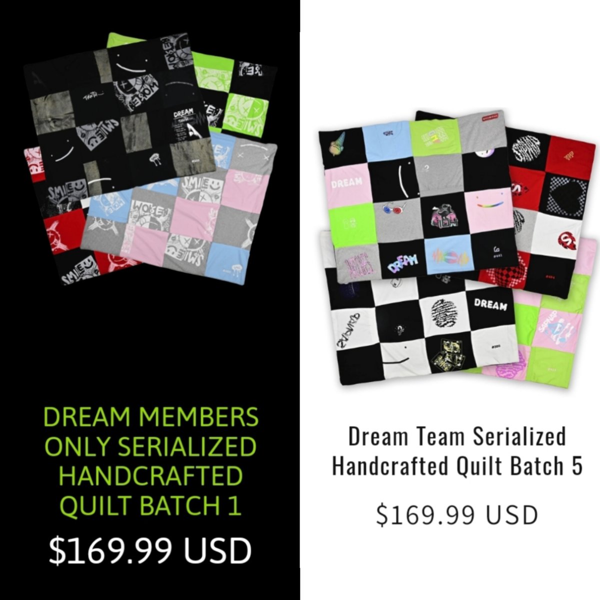 🟢 | Just a reminder that there's 8 members only Dream quilts left on Dream's merch store, and over 60 quilts left on the Dream Team merch store to choose from 😍 Head over to their websites to check them out!! 🔗: dream.shop 🔗: dreamteam.shop