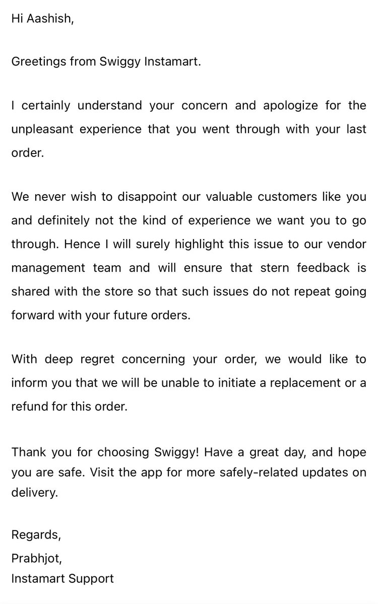 aash_agrawal's tweet photo. @SwiggyInstamart @Swiggy @harshamjty Today i am order swiggy instamart &amp; 1pcs item not received this order sent mail swiggy instamart but my refund not sent bad experience &amp; fraud company https://t.co/MJ50U9o7J3