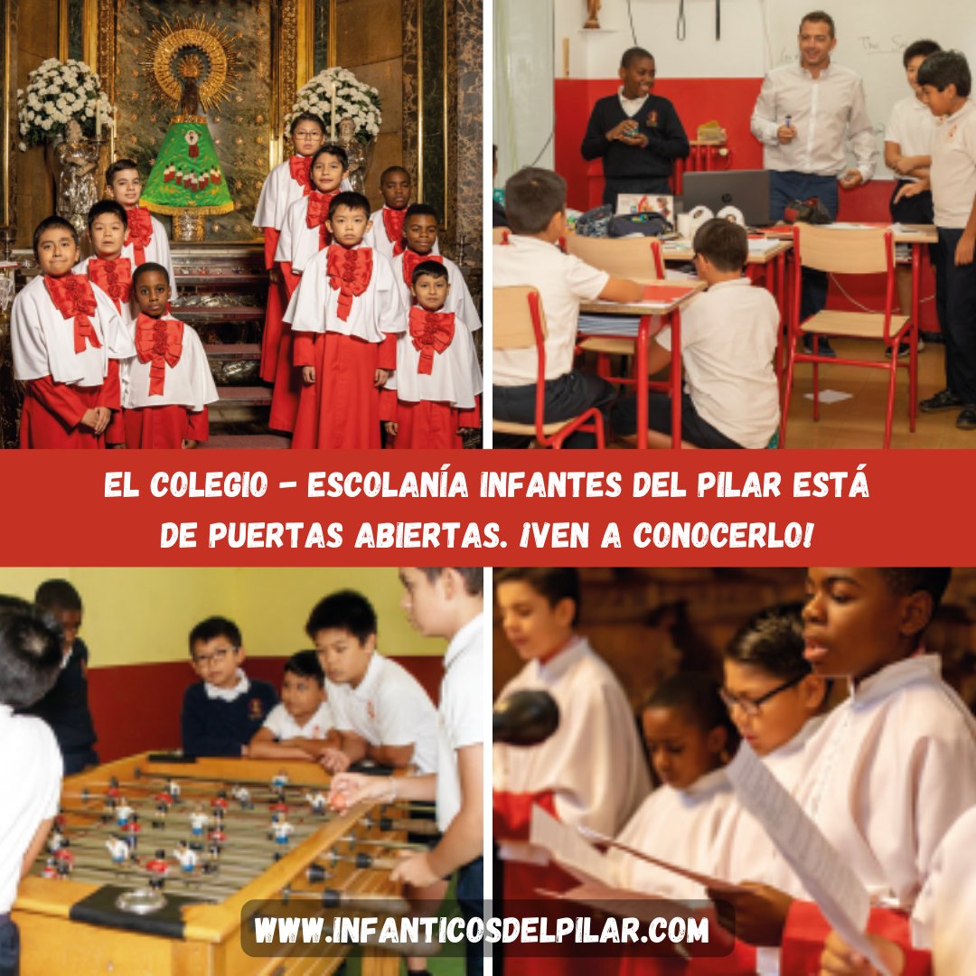 El colegio – escolanía Infantes del Pilar -católico, privado, de educación primaria y perteneciente al Cabildo Metropolitano de Zaragoza- está de puertas abiertas. Datos de contacto: C/ Florencio Jardiel, nº 1. 976 298 273 info@infantesdelpilar.org infanticosdelpilar.com