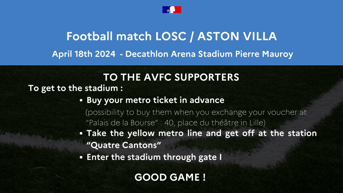 ℹ️#LOSCAVFC Football match @losclive / @AVFCOfficial on April 18th 2024 at @DecathlonArena in Villeneuve d'Ascq A warm welcome to all spectators ! Below you will find practical information you need to attend the match ⤵️