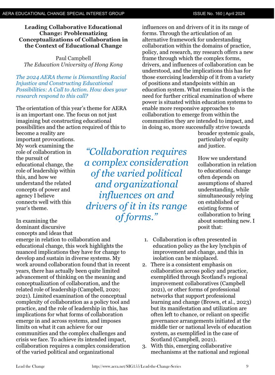 Pleased to see this piece out connecting to the <a href="/EdChangeSIG/">AERAEdChangeSIG</a> paper session at #AERA2024 on: ‘(Re)Conceptualization Change at Scale:
New Visions for and Models of Educational Change’.

Read more: aera.net/Portals/38/doc…