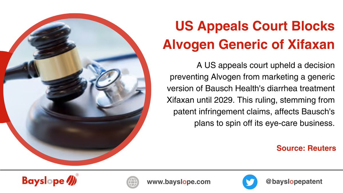 US Appeals Court Blocks Alvogen's Generic Xifaxan Until 2029. 

#Alvogen #Xifaxan #PatentDispute #PharmaNews #LegalDecision #AppealsCourt #BauschHealth #GenericMedication #Healthcare #DrugPatents #MedicalNews #LegalUpdate