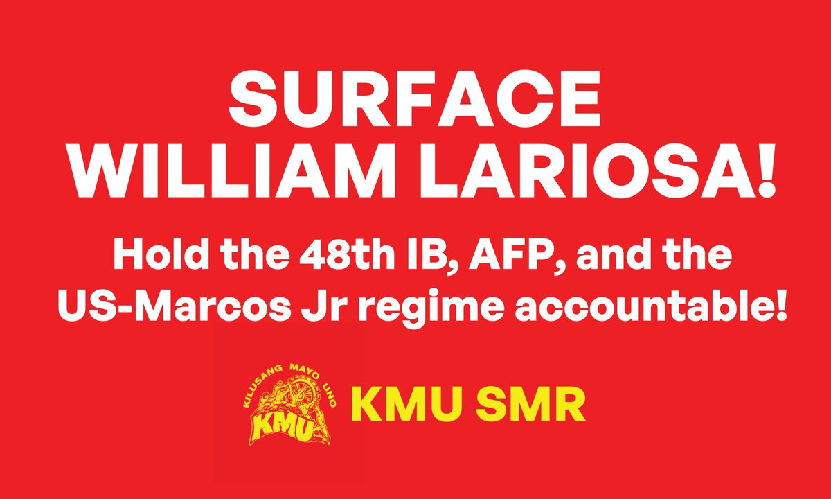 Progressive labor center KMU-SMR condemns the enforced disappearance of William Lariosa; attacks on workers' rights in Mindanao spike once again 

#SurfaceWilliamLariosa #StopTheAttacks

Read full statement⤵️