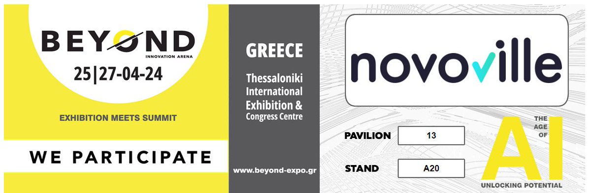 Looking forward to @Beyondexpo1, taking place on April 25-27 at TIF Helexpo, Thessaloniki, Greece. Visit us at Pavilion 13 - Stand A20! Registrations 👉 bit.ly/3U3ccB7 #GovTech #smartcities #digitaltransformation #AI #BeyondExpo #Beyond2024 #Novoville
