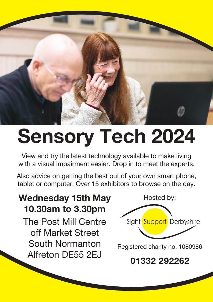 Come and find out about the latest technology to help people living with sight loss. Sensory Tech Day, Wednesday 15th May, 10.30-3.30, The Post Mill Centre, South Normanton. See you there!