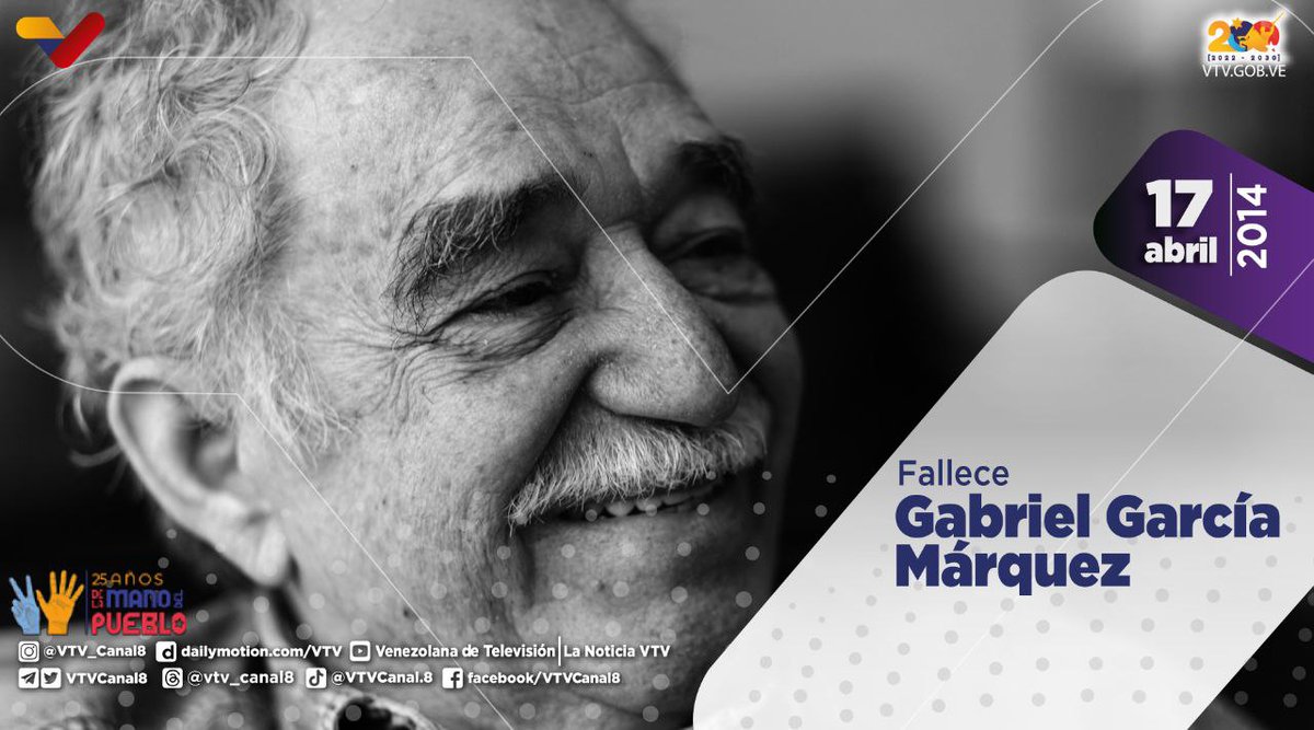 #EFEMÉRIDE🗓️| Hoy se cumplen 10 años de la partida física de Gabriel García Márquez; escritor y periodista colombiano de principios humanistas y apasionado por las causas de los pueblos. Márquez recibió en 1982 el Premio Nobel de Literatura. #VenezuelaSeRespetaYPunto