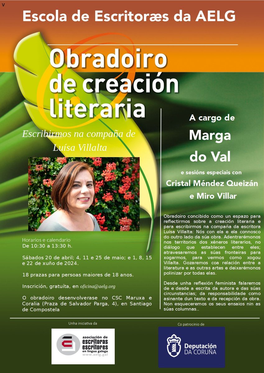 AELG (@aelg) on Twitter photo A Escola de Escritoras/es da AELG organiza o Obradoiro de creación literaria Escribirmos na compaña de Luísa Villalta, impartido por Marga do Val en Santiago de Compostela. Toda a información sobre a actividade e como inscribirte aquí: aelg.gal/actividades/es… <a href="/margadoval/">margadoval</a> A Escola de Escritoras/es da AELG organiza o Obradoiro de creación literaria Escribirmos na compaña de Luísa Villalta, impartido por Marga do Val en Santiago de Compostela. Toda a información sobre a actividade e como inscribirte aquí: aelg.gal/actividades/es… <a href="/margadoval/">margadoval</a>