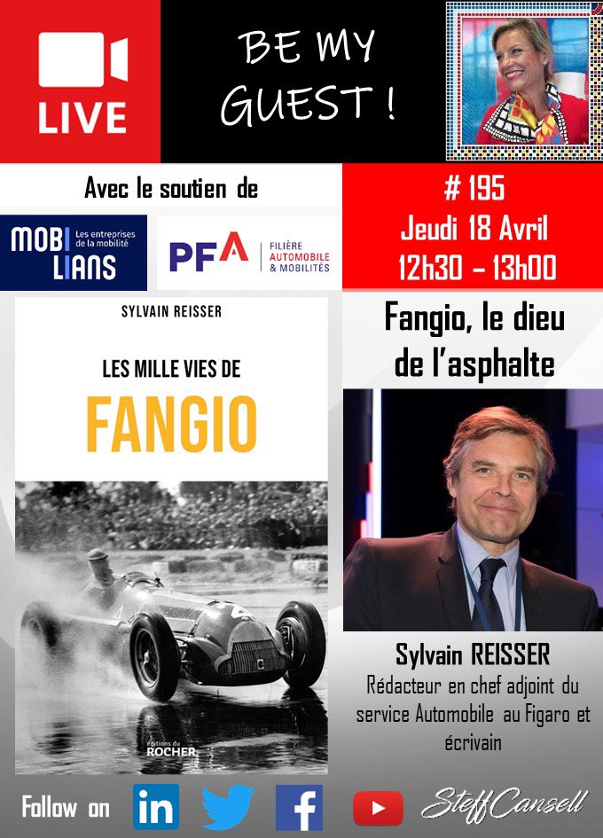 Les 1000 vies de #Fangio : retour sur la vie hors du commun de la légende du #sportautomobile jeudi 18 à 12h30 LIVE dans #BeMyGuest sur 👉X @steffcansell avec  @SylvainReisser , Rédacteur en chef adjoint @Le_Figaro ! @PFA_auto @mobiliansfr