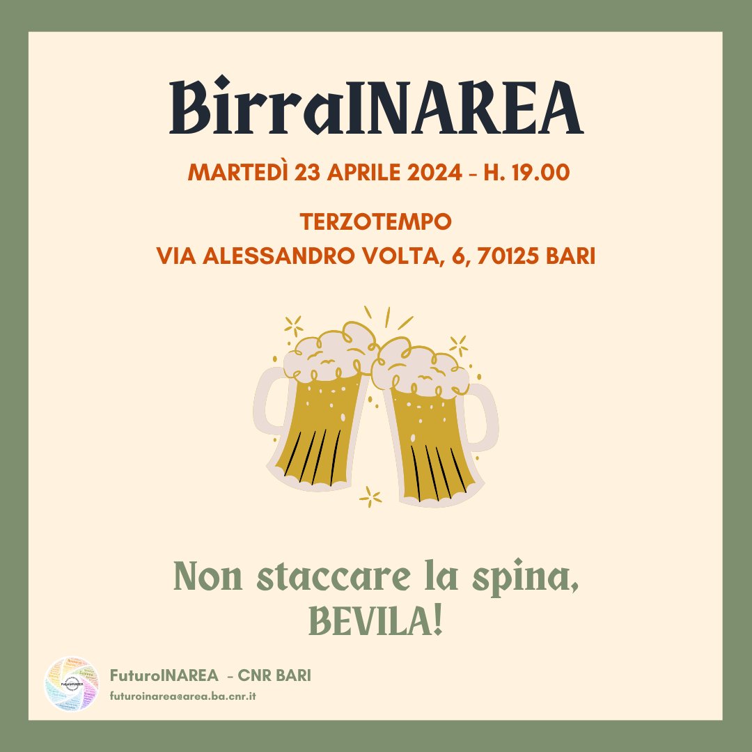 Futuro_InArea's tweet photo. Anche in questo mese in arrivo  un'immancabile serata all' insegna della conoscenza e della buona birra🍻@Futuro_InArea vi aspetta martedì 23 aprile alle ore 19 a Terzotempo in Via Alessandro Volta, 6 - Bari @CNRsocial_ https://t.co/Ucx0p5E99w