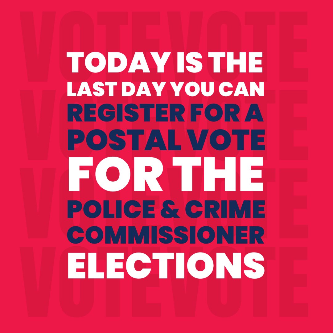 📮 Registering for an #EarlyVote by post is the easiest way to guarantee your voice is heard. ⏰ The deadline to apply for a #PostalVote for the Police & Crime Commissioner Elections is MIDNIGHT TONIGHT. Apply for yours here 👉 gov.uk/apply-postal-v…