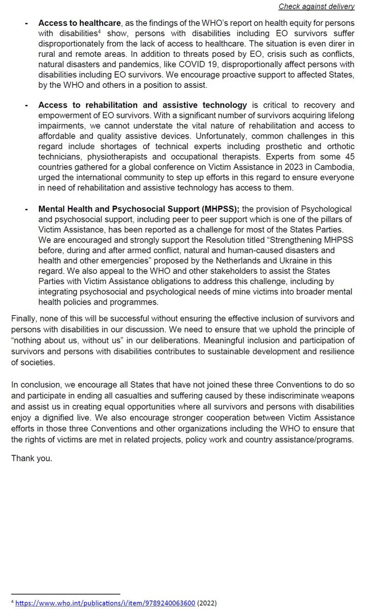 At @WHO Standing Committee on Health Emergency Prevention, Preparedness and Response 3-sister Conventions (APMBC, CCM, CCW PV) called for sustainable access to first aid, healthcare, rehabilitation&assistive tech and MHPSS for all EO victims.
#synergies #cooperation #resilience