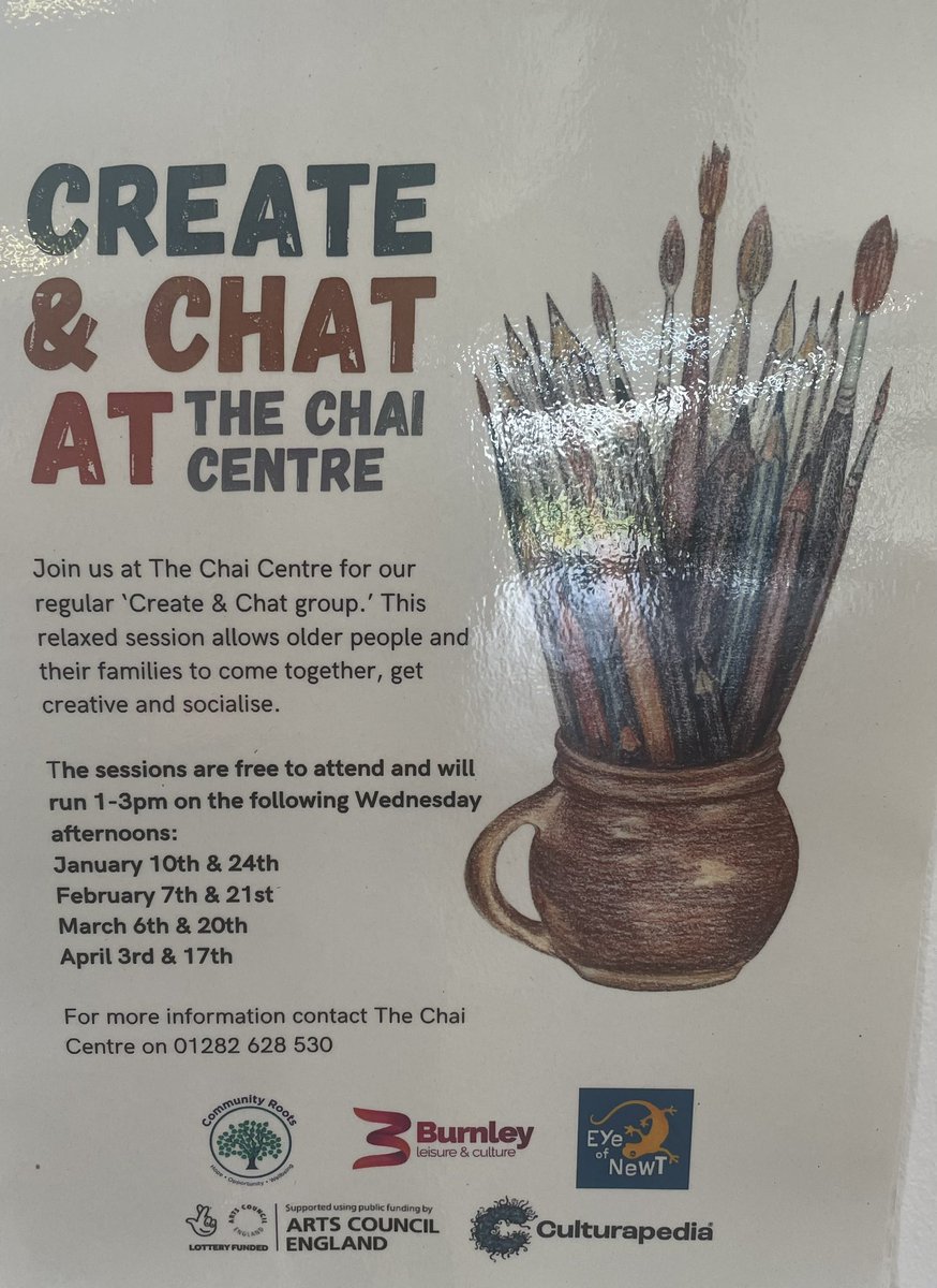 Steve and Louise are attending the Create & Chat 🖌️🎨session at the Chai Centre Burnley this pm Looking forward to chatting to all who attend 😊 @LSCft_CRoots @burnleycouncil @CarersLinkLancs @alzheimerssoc @LSCICB