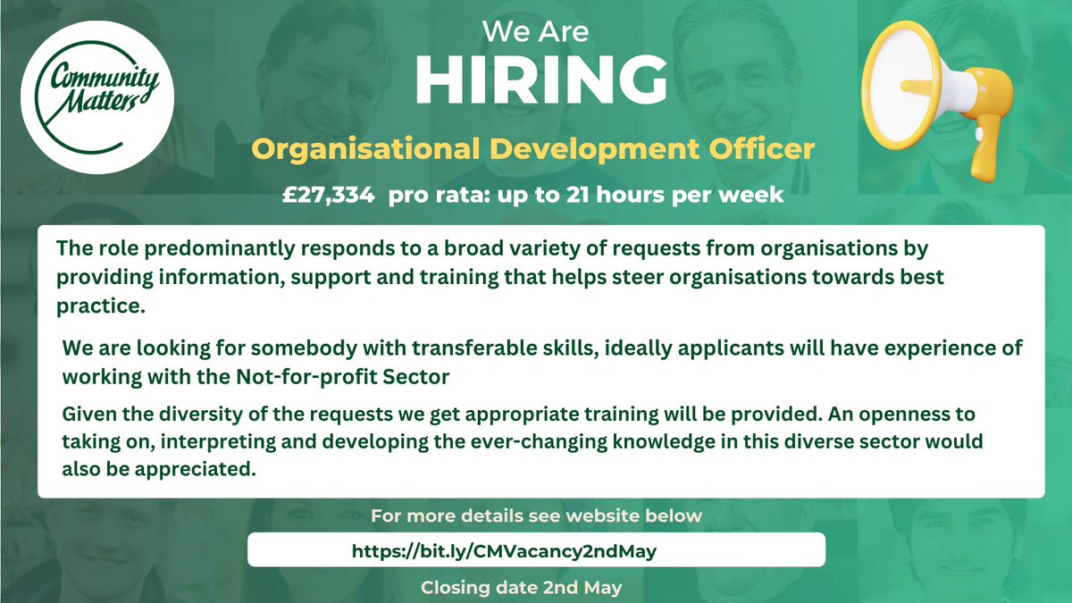 We are Hiring: Organisational Development Officer. £27,334 pro rata: up to 21 hours per week Location: Leeds (a mix of office and home working possible once trained). For more details see: bit.ly/CMVacancy2ndMay