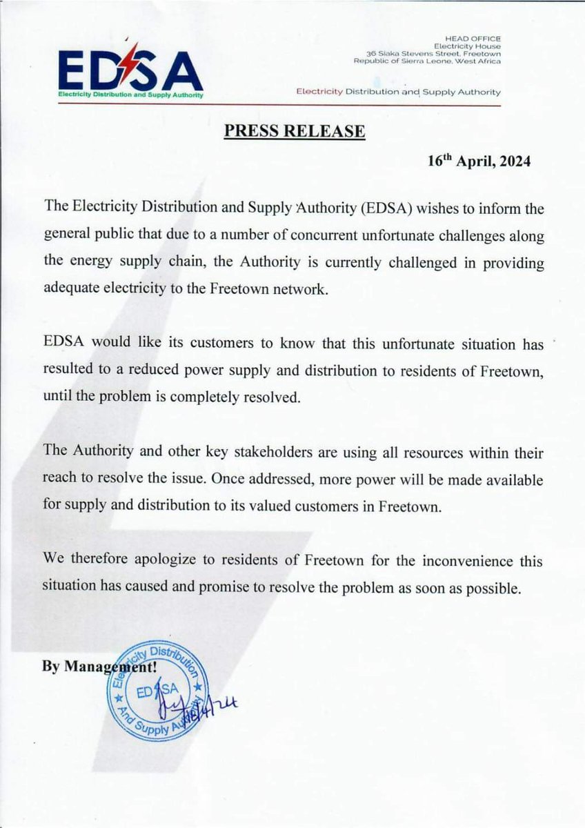 LamranaAmadu's tweet photo. Between 2016 and 2019, the government of Sierra Leone received up to US$230 million from the World Bank to improve the electricity supply in Freetown.

Here are links to the two press releases from the World Bank: https://t.co/CZfZJG8R0A

https://t.co/t7AXOEZuZG

US$12,345,000 was for electricity sector reform support as part of the US$44 million Millennium Challenge Corporation (MCC) and the Government of Sierra Leone Threshold Program, which ended in 2021.https://t.co/AMuZzXYDtr

Meanwhile, the government of Sierra Leone owes EDSA NLe450 million about US$18.9 million.

Here's a report by Politico Newspaper in January 2024. https://t.co/wAJgBaJuHJ

I have a prepaid meter at home like many people, and I slept in the dark. 

Where is all the money we are paying for electricity going to? Funding lifestyle and overseas trips? We still can't pay Karpowership? 

It is quick for those in public offices to shift blame to the people without taking responsibility for their own failure.

I still believe that there's a need for some serious political and administrative leadership in our energy sector.

Perhaps Dr. Abass Bundu will inspire Uncle Kanja and the leadership of EDSA to either proceed to retirement or resign.

#FreetownStories