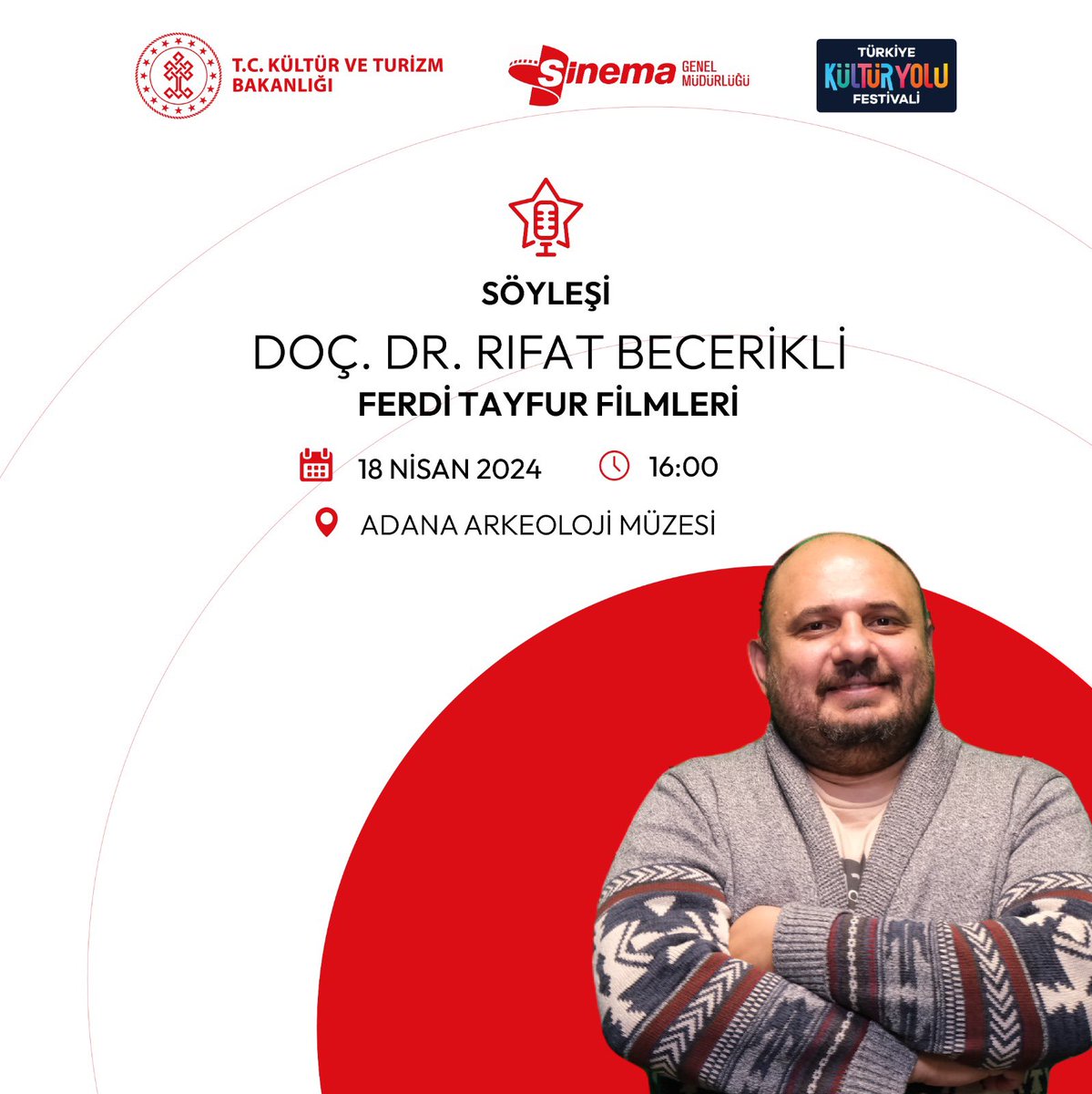 Adana Kültür Yolu Festivalinin 6. Gününde, Yozgat Bozok Üniversitesinde görev alan Doç. Dr. Rıfat Becerikli, Adanalı ünlü sanatçı Ferdi Tayfur filmleri üzerine film okuması gerçekleştirecek.