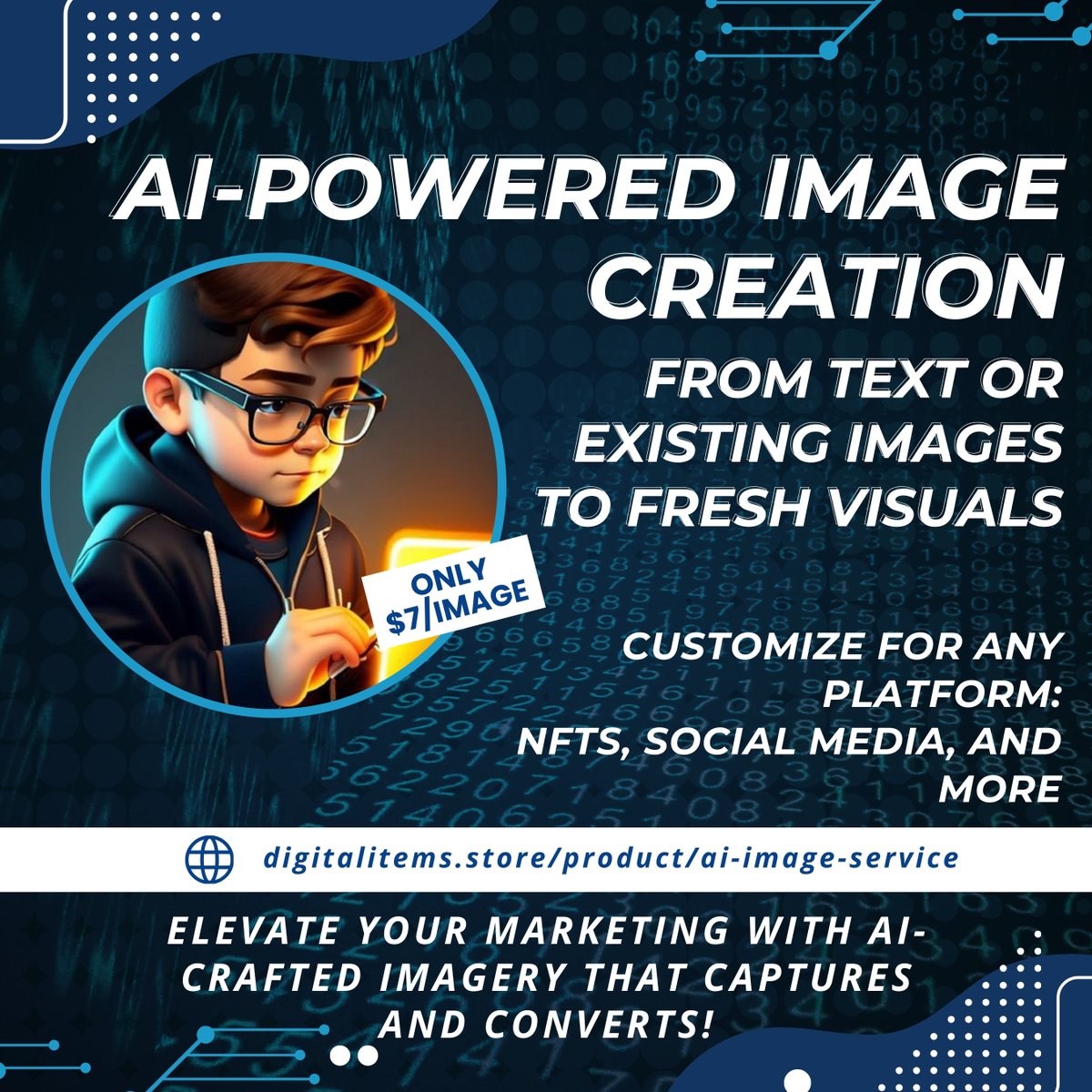 🌐 Transform Your Ideas into Stunning Visuals with Our AI Image Service! 🎨 Unlock the full potential of visual content creation for just $7 per image. Whether for NFTs, crypto projects, OnlyFans content, or promotional materials, #AIImageCreation