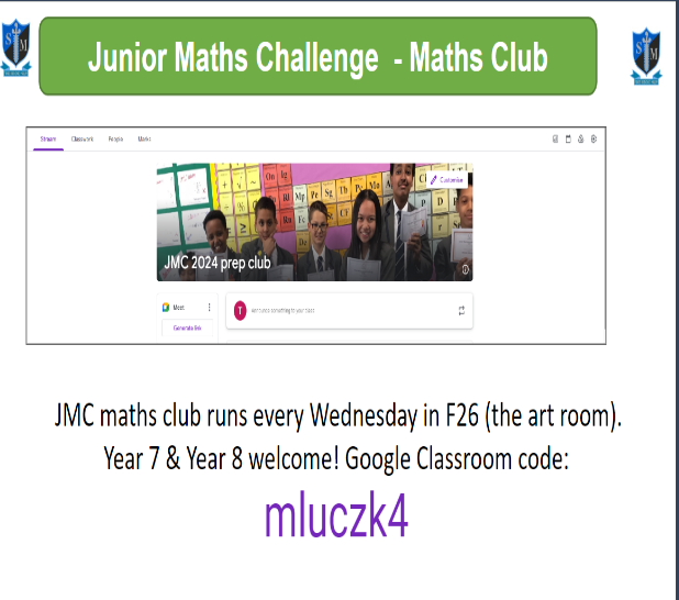 Year 7 and 8 Maths club starts again after school today, students attending will be preparing for the Junior Maths Challenge-see your Maths teacher for more info.