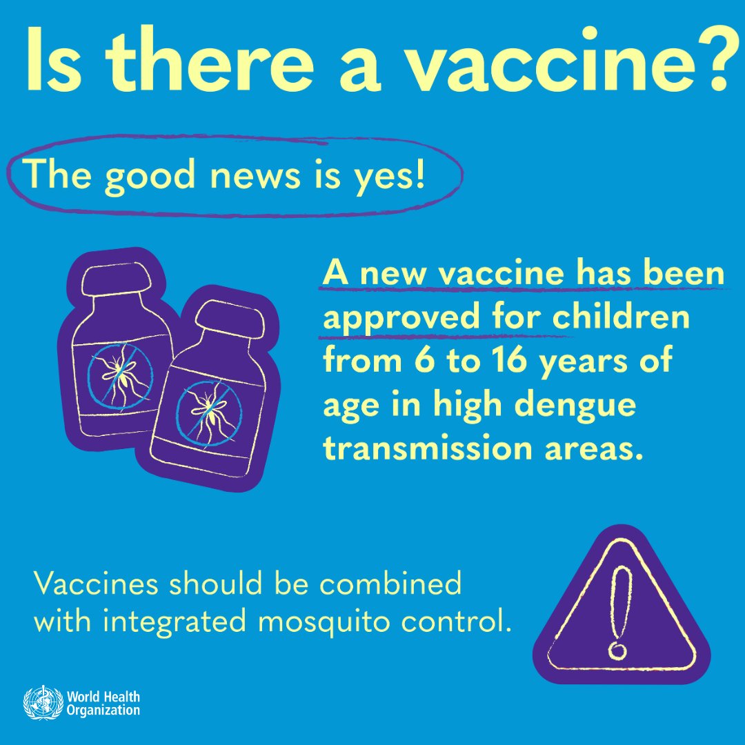 WHO's tweet photo. A vaccine is available &amp; approved for children from 6 to 16 years of age who live in places where #dengue is present.

More info 👉https://t.co/1Di9ddsKs0 https://t.co/7G5LATrdnH