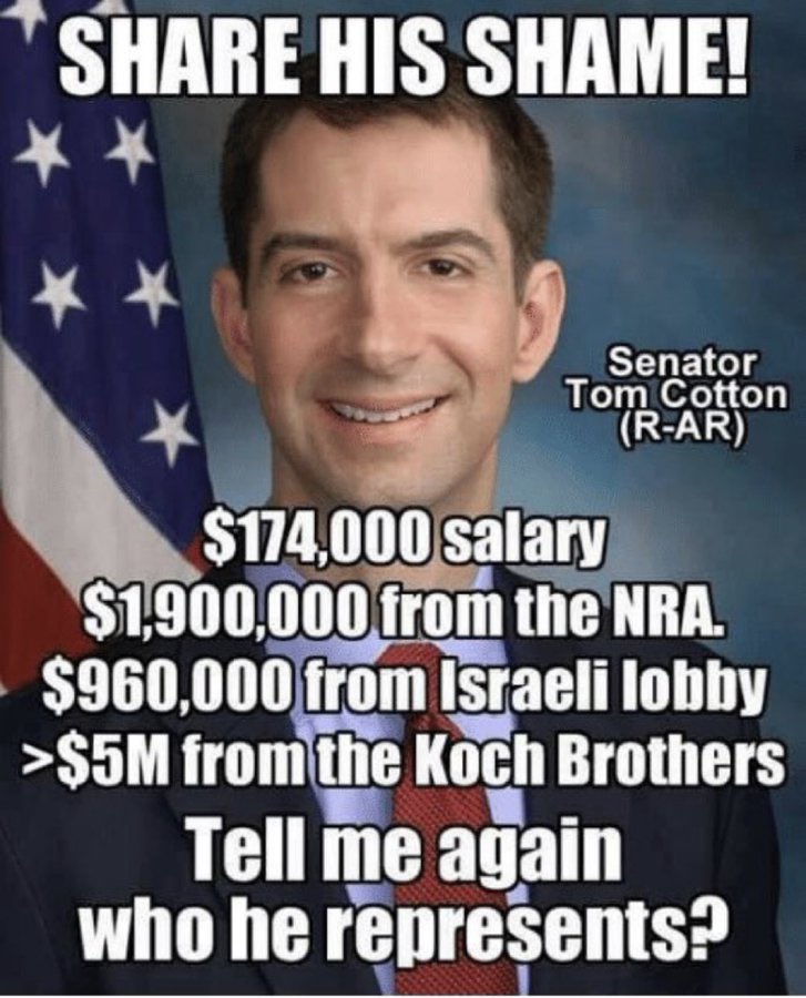 ⚠️About every other month, Tom Cotton flies to Israel (first class) & stays at a luxury spa—all expenses paid. Tom Cotton should come with a WARNING LABEL: “I work for Israel, & Koch Ind.” ⚠️He was put into office through a coordinated effort between the Koch brothers, & Israel.