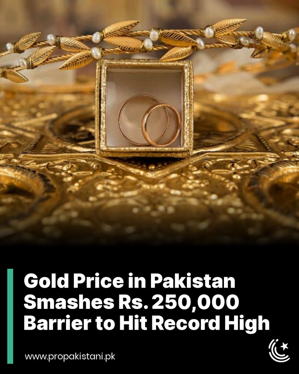 The price of gold in Pakistan surged past the Rs. 250,000 per tola barrier on Wednesday on its way to a new all-time high. Read More: propakistani.pk/2024/04/17/gol…