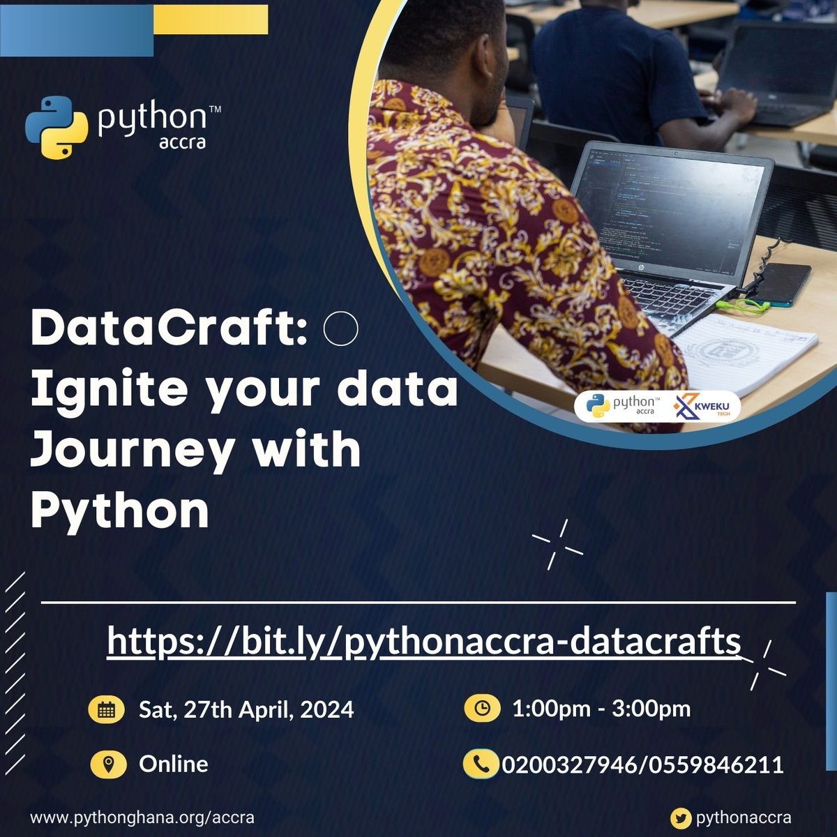 a_karece's tweet photo. 📢Calling all data enthusiasts! Join us for the next Python Accra webinar to kickstart your data journey or learn from seasoned pros. Dive into sessions on #DataScience, #DataEngineering, and the role of data &amp; AI in industry. Don't miss out! #PythonAccra #Webinar https://t.co/Si4XPHDTUS