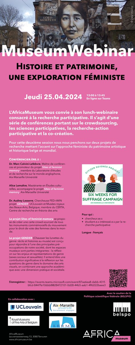 #SaveTheDate @africamuseumbe is hosting a lunchtime webinar on two research projects that emphasise the feminist approach to Belgian and world artistic and historical heritage. 📅Thu, 25 Apr ⏰12:00 - 12:45 BST 📢 French 🛜Online 🔗events.teams.microsoft.com/event/87ae6ea8…