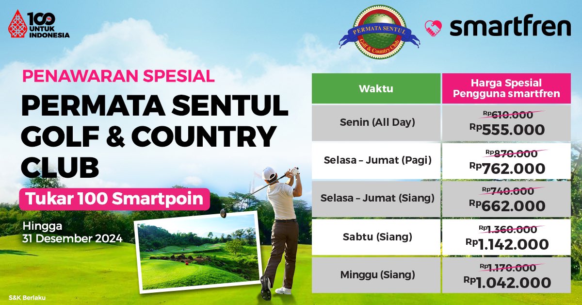 Penawaran spesial buat Kamu main golf di Permata Sentul Golf. Yuk tukar 100 SmartPoin sekarang! Klik s.id/20n1l