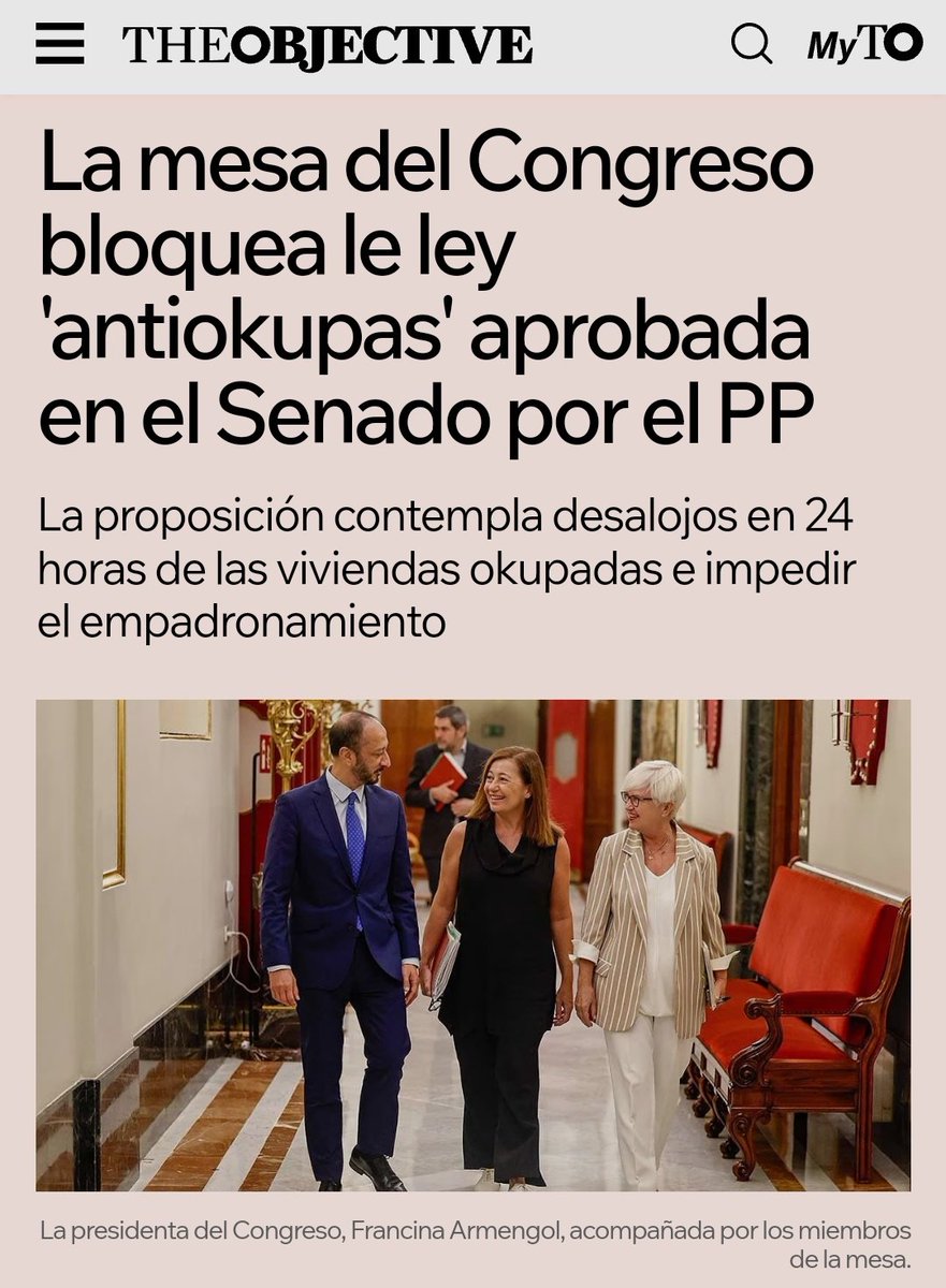 El Senado aprobó una ley para desalojar okupas en 24 horas. La mesa del Congreso (PSOE y Sumar) bloquea la ley para que no se pueda aprobar en el Congreso. Porque a la izquierda le preocupa mucho el derecho a la vivienda del okupa y poco el del propietario.