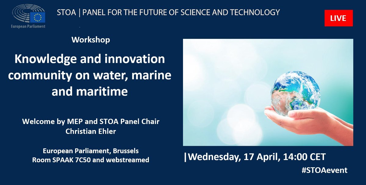 🔴Today at 14h CET in the #EUParliament Workshop on establishing a European Institute of #Innovation & #Technology (#EIT) for #water, #marine & maritime 👉📺Info & link to watch online: europa.eu/!XNk8tb #WaterKIC #STOAevent @MEP_Ehler @siri_carson @EITeu @ClimateKIC