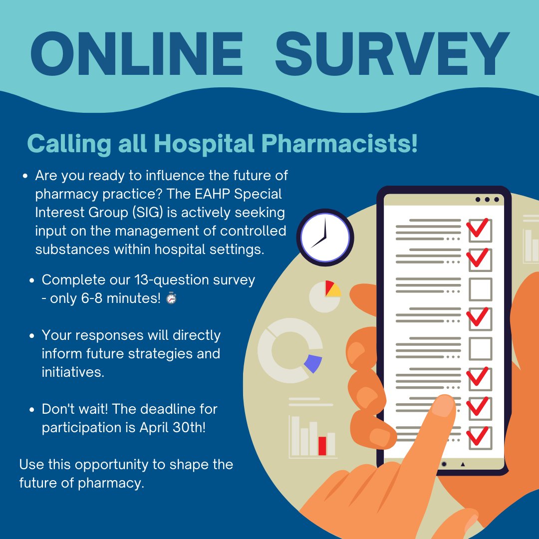 💡Calling all Hospital Pharmacists! 🏥 Click the link below to access the survey: 🖇️ surveymonkey.com/r/8K5V9XK ⏱️ Don't wait! The deadline for participation is April 30th! Let's unite our voices and drive positive change in healthcare together! 💊 #HospitalPharmacy #EAHPSIG