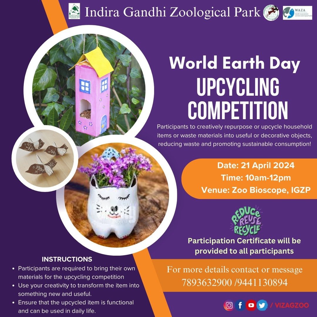 Join us in celebrating World Earth Day by showcasing your creativity at our upcycling competition! Open to all ages, let's turn waste into wonders together. Come and participate in making a positive impact on our planet. @CZA_Delhi @moefcc @NandaniSalaria @waza @WildlifeSOS