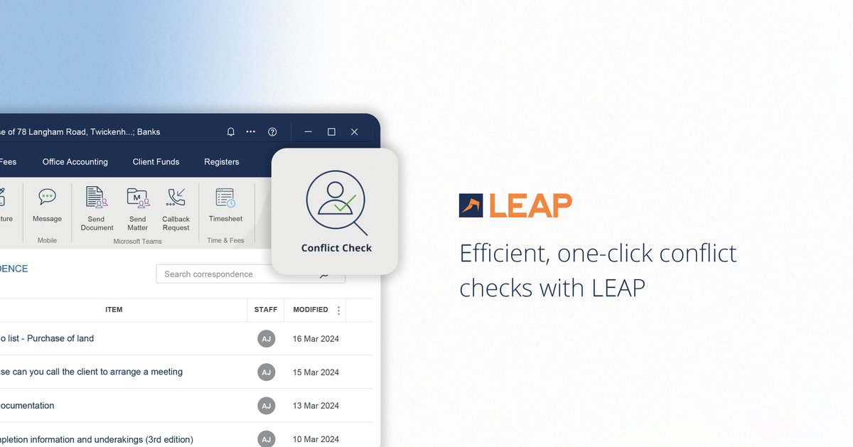 The Conflict Check app allows law firms to establish a standardised conflict-of-interest check process, guaranteeing a uniform method for client onboarding across the entire business.

Find out more: info.leap.co.uk/tw/app/conflic…

#conflictcheck #clientonboarding #conflictofinterest