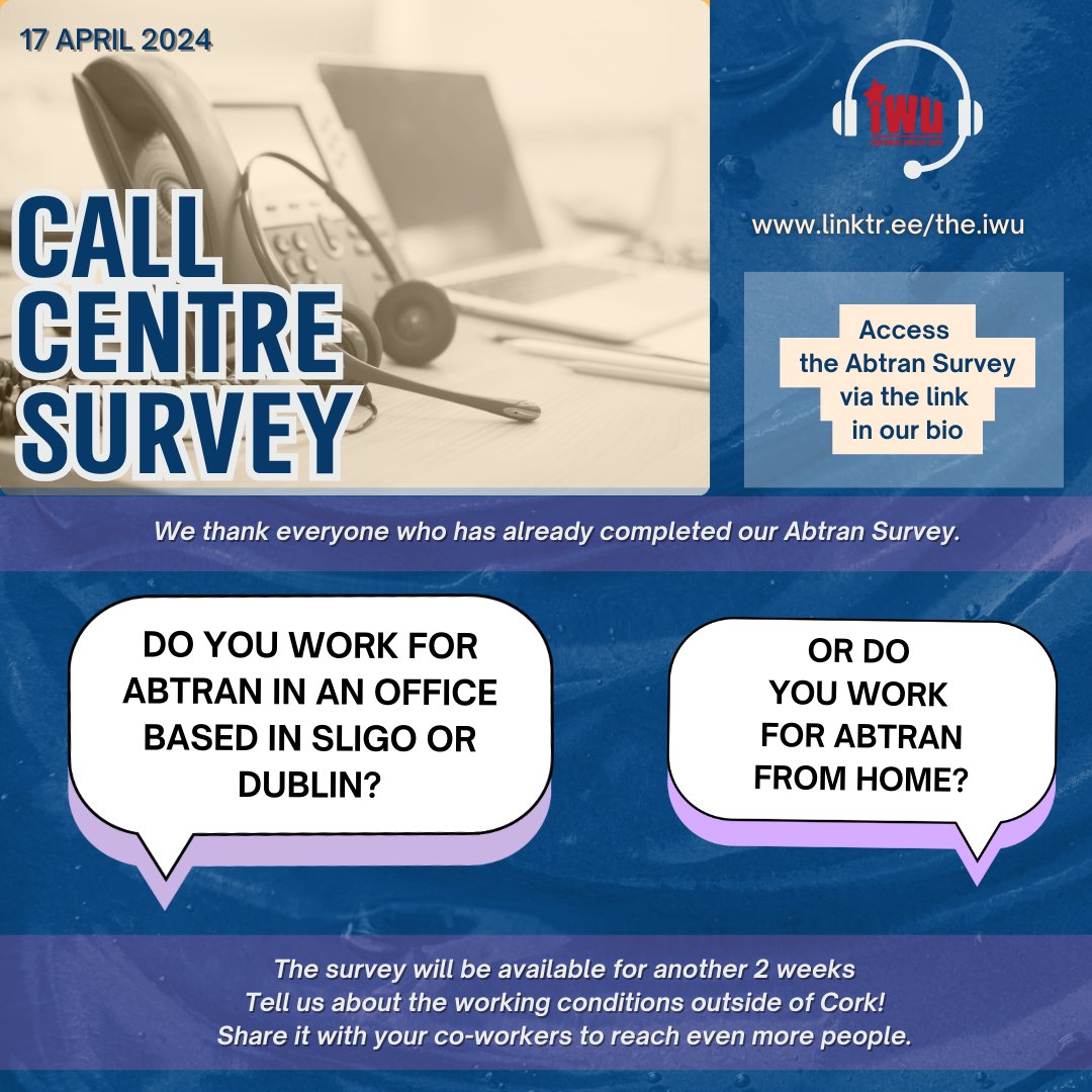 📞 CALL CENTRE SURVEY 📤 🎧 We are here to listen to you! Thank you to everyone who has already completed our @abtranglobal survey. 🗺️ Do you work from home or from an office based in either Sligo or Dublin? Tell us about the working conditions outside of Cork! ⛓️ Link in bio.