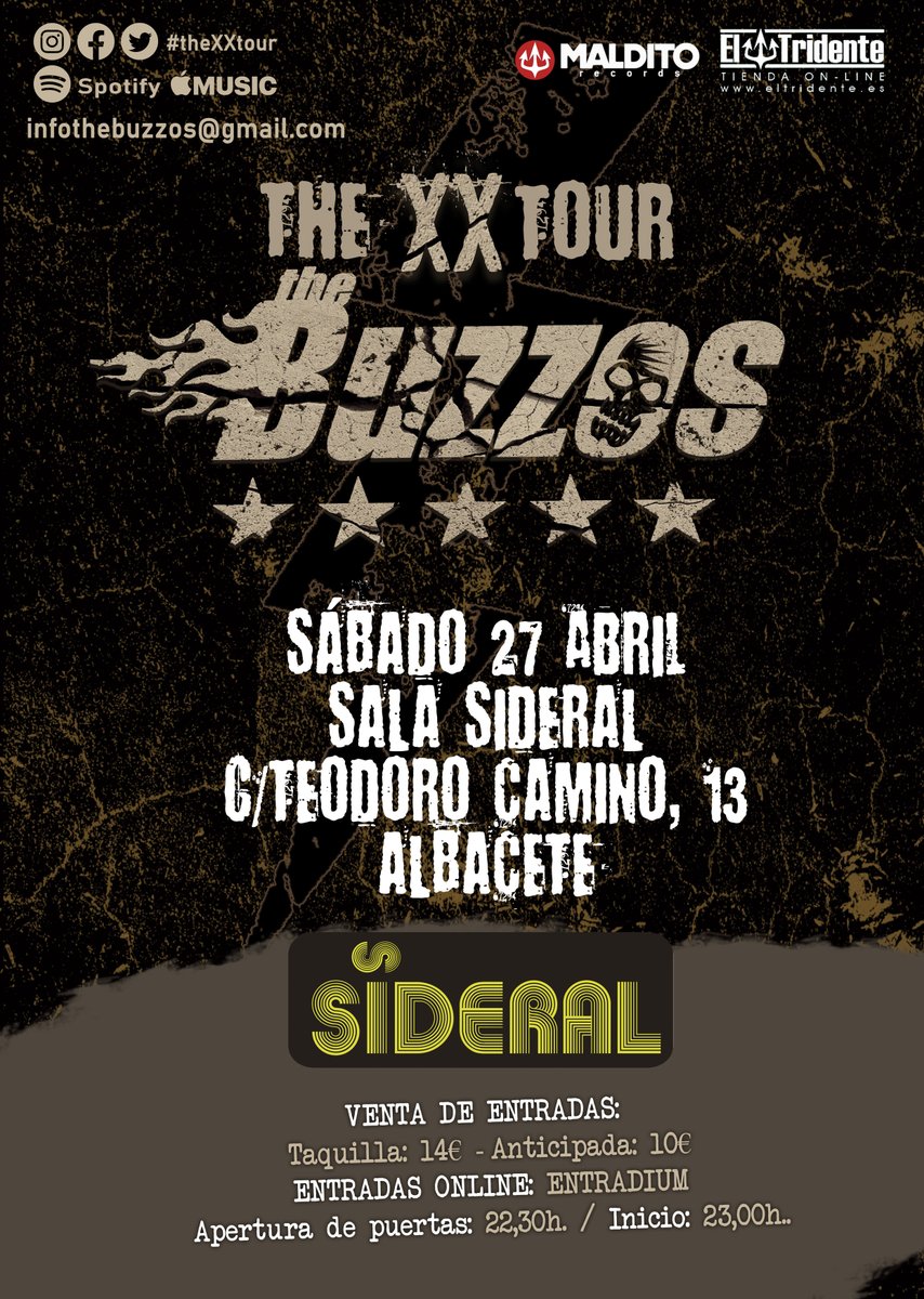 <a href="/thebuzzos/">The Buzzos ⚡</a> estaremos en la sala SIDERAL de ALBACETE el próximo 27 de abril. Entradas aquí: entradium.com/events/the-buz…
#thebuzzos #buzzos #sideral #sideralalbacete #Albacete #castillalamancha #thexxtour #rocknroll